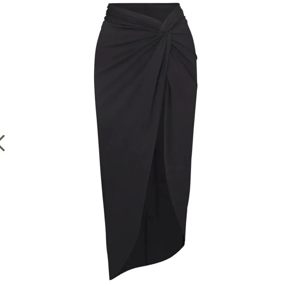 NWOT SKIMS Signature Swim Sarong Maxi Front Slit Skirt In Onyx Black Coverup
